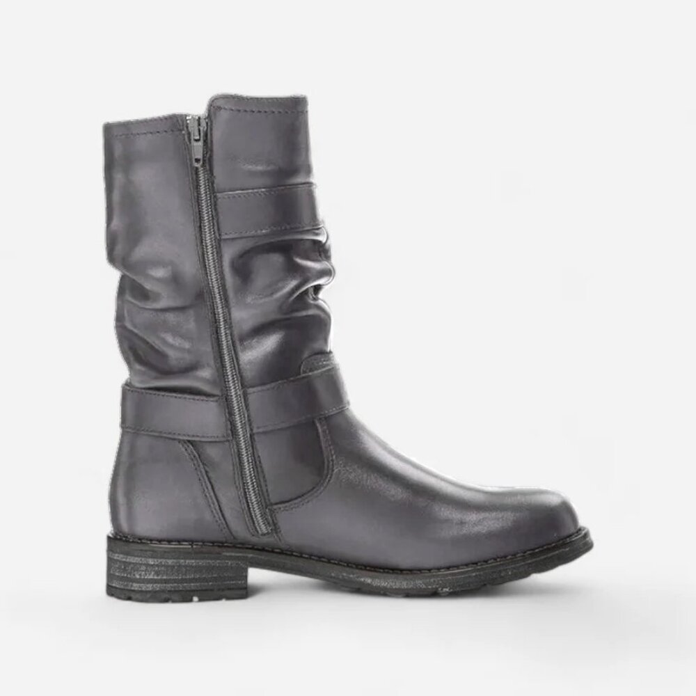 NEW Eric Michael Women Noelle Grey Strap Buckle Zipper Mid Calf Motorcycle Boot - Picture 3 of 5